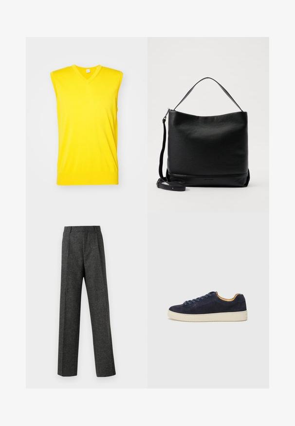 Keltainen hihaton villapaita, jossa on V-pääntie, valmistettu pehmeästä kankaasta. Siinä on ribbireunus ja sileä rakenne, sopii lämpimiin sääolosuhteisiin.; Harmaat räätälöidyt housut, jotka on valmistettu teksturoidusta kankaasta, ja niissä on kaksi etutaskua ja suora lahjemuoto. Ei näkyviä taskuja tai koristeluja.; Keinonsin nahka matala tennari pyöreällä varpaalla, vaaleanbeige kumipohja ja yhteensopivat nauhat; ominaisuuksiin kuuluu kontrastoiva vaaleanruskea sisävuori.; Mustapohjainen nahkainen olkalaukku, jossa on teksturoitu pinta, kaareva yläosa ja irrotettava hihna. Ominaisuuksiin kuuluu yksinkertainen muotoilu, jossa on minimaalinen käytönnön varustus.