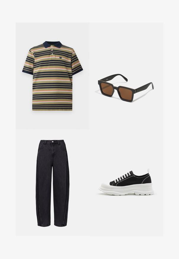 Kortermet polo skjorte med marineblå krage, olivenfarge som base, og horisontale striper i marineblått, korallfarge og lys blå, med lite brystlogo.; Sorte vide benbukser laget av denim med en jevn tekstur. Har høy midje, frontlommer og knappelukking i midjen.; Svarte lerretssko med hvit gummisåle, rund tåhette og hvite snørebånd. Distinkt teksturert såle og detaljer med side-søm.; Svarte firkantede solbriller med brune linser, med matt overflate og gulldetaljer på rammen. Designet er vinklet med brede stenger.
