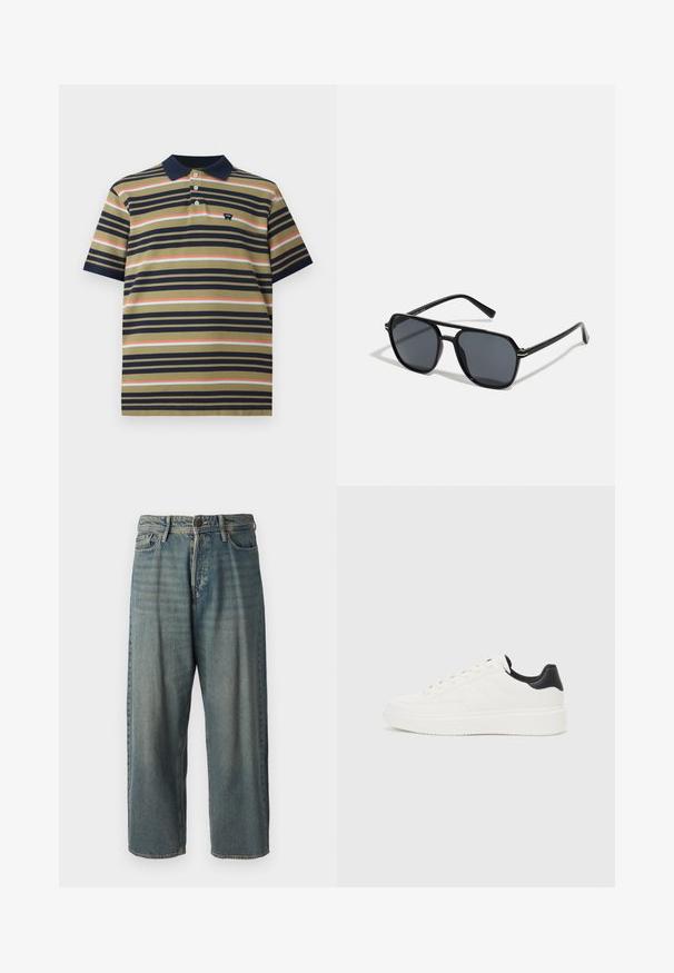 Polo de manga curta com colarinho azul-marinho, base oliva e riscas horizontais em azul-marinho, coral e azul claro, apresentando um pequeno logótipo no peito.; Jeans de ganga azul claro com um corte solto, cintura média e pernas retas. Apresenta cinco bolsos, passadores de cinto e fecho com botão.; Sapatilhas brancas de couro com padrão em relevo, entressola texturizada branca e detalhe em preto no calcanhar. Apresentam ponta arredondada e atacadores planos.; Óculos de sol pretos com armação octogonal, lentes escuras, acabamento brilhante, hastes finas e detalhes em dourado na parte frontal.