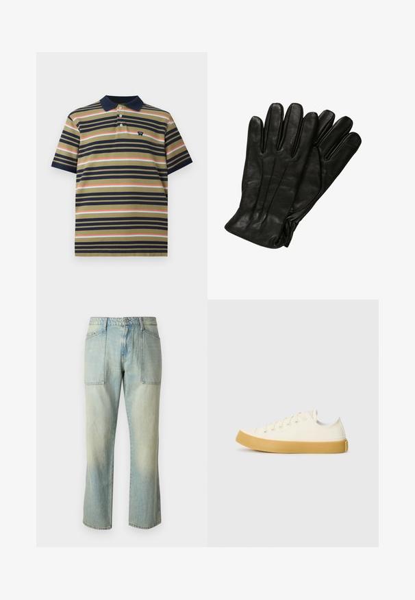 Kortärmad polotröja med marinblå krage, olivfärgad bas och horisontella ränder i marinblått, korall och ljusblått, med en liten logotyp på bröstet.; Ljust blå denimbyxor med rak benpassform, synlig sömnad och två stora framfickor. Tyget har en blekt struktur.; Canvas sneakers i off-white med rund tå, med beige gummisulor och fem öglor för snören, texturerad finish på ovandelen.; Svarta läderhandskar med en slät текстur, fem fingrar och subtila sömnads detaljer. Klassisk design, lämplig för användning i kallt väder.