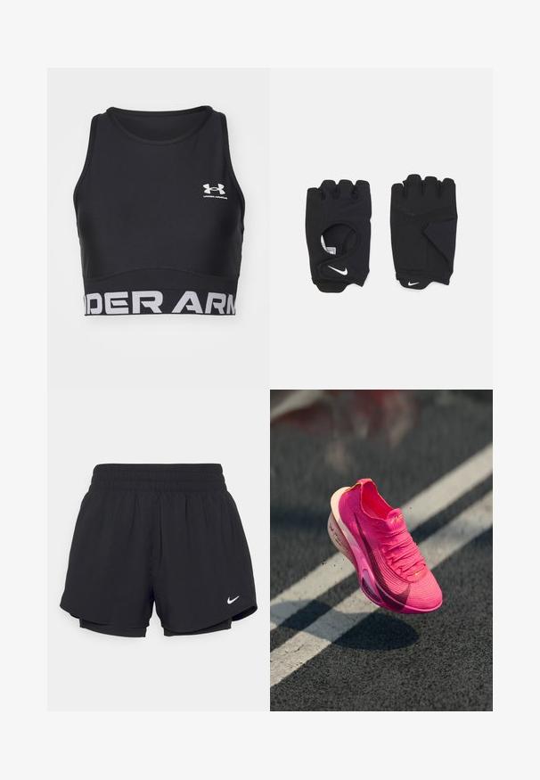 Μαύρο αθλητικό σουτιέν από απαλό, ελαφρύ ύφασμα. Διαθέτει στρογγυλή λαιμόκοψη, φαρδύ ελαστικό λάστιχο με την ένδειξη "UNDER ARMOUR" σε λευκό χρώμα και χωρίς μανίκια.; Μαύρες αθλητικές βερμούδες με ελαστική ζώνη που συγκεντρώνεται, εσωτερική επένδυση και λευκό λογότυπο Nike στην κάτω αριστερή πλευρά. Απαλή, ελαφριά ύφανση.; Αθλητικό παπούτσι σε φωτεινό ροζ, από πλεκτό υλικό με υφή, με διχτυωτό επάνω μέρος και λευκή ενδιάμεση σόλα. Φέρει λογότυπο swoosh σε σκούρο ροζ.; Μαύρα γάντια χωρίς δάχτυλα φτιαγμένα από ελαστικό υλικό, με σχεδίαση που αφήνει την παλάμη ανοικτή, λεπτομέρειες με αντιολισθητική υφή και το λογότυπο της Nike σε λευκό χρώμα.