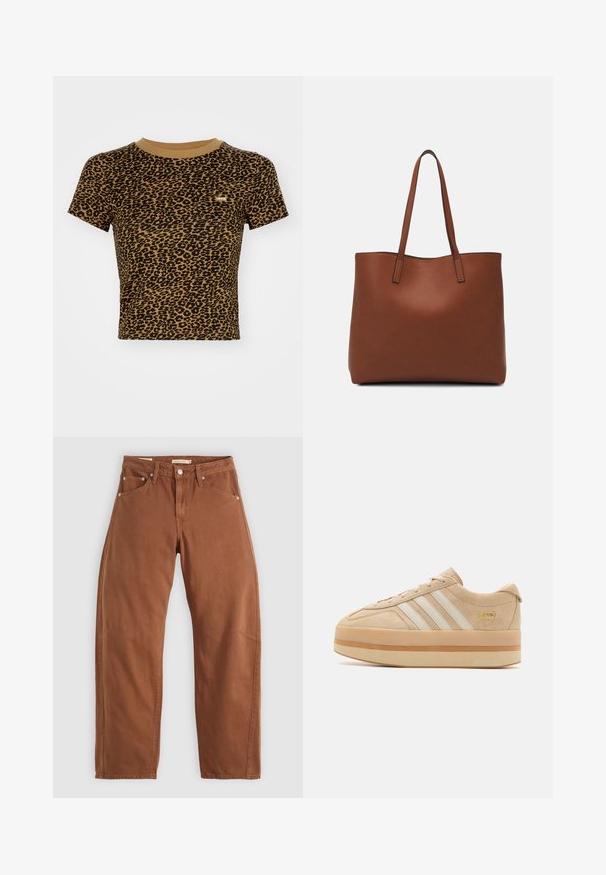 Levi's® Apdrukāts T-krekls - braun; Rūsu brūnas taisnas kājas džinsi ar priekšējām un aizmugurējām kabatām, metāla kniedēm, pogu aizdari un jostas cilpām, izlikti uz balta fona.; Bēšas zamšādas platformas sporta apavi ar baltām trim svītrām, noapaļota purngala forma un bēša gumijas zole, kurai sānos ir zelta logotipa akcents.; Brūna ādas iepirkumu soma ar gludu tekstūru, atvērta augšdaļa un divas plecu siksnas. Izceļas ar minimālām šuvēm un redzamu aparatūru nav.