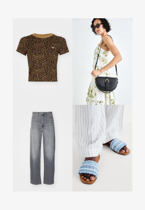 Levi's® Potiskana majica - braun; Weekday RAIL MID LOOSE STRAIGHT  - Ravne kavbojke - misty grey; Modre raztrgane sandale z teksturiranim trakom, ki nosi geometrijski vzorec, nameščene na rjavem usnjenem podplatu. Vidne bele hlače s črtami.; Črna usnjena torbica s ukrivljeno obliko, z odstranljivo naramnico in zlatimi dodatki. Torbica ima pokrov s podrobnostmi v obliki zaponke.