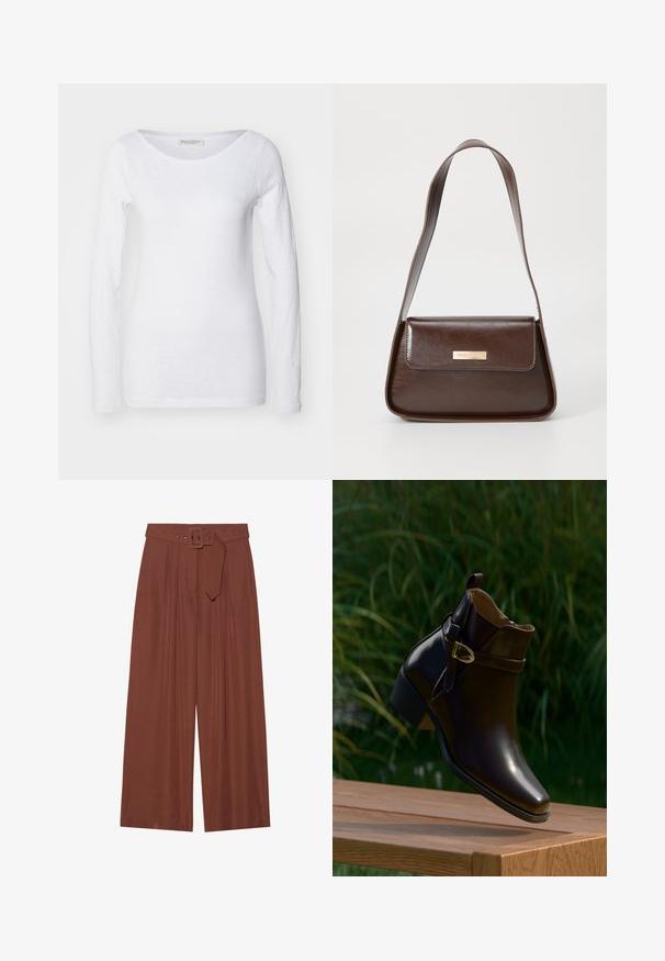Hvit langermet topp med dyp utringning. Laget av myk, teksturert stoff. Har en avslappet passform og sømløse mansjetter.; Bredde bukser i brunt stoff, med belte med firkantet spenne, plisserte design og myk tekstur.; Skinne dyp brun ankelstøvel med lav hæl og gullspenne svevende over en treoverflate, med grønt gress i bakgrunnen.; Brun lærveske med en strukturert form, med en magnetisk klaffelukking og en metallisk logoaksel på forsiden.