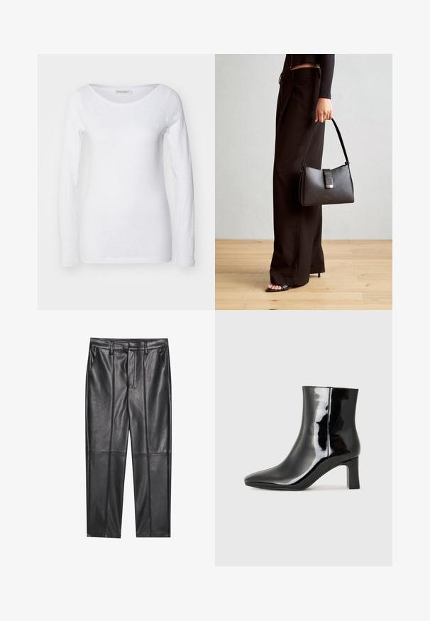 Biely dlhý rukáv s výstrihom do tesného tvaru. Vyrobené z jemnej, textúrovanej látky. Obsahuje voľný strih a bezšvíkové manžety.; Čierne kožené nohavice s hladkou textúrou, rovného strihu, s dvoma prednými vreckami a viditeľným švom.; Čierne lakované členkové topánky s špicatou špičkou a stredne vysokým blokovým podpätkom. Hladká textúra a minimalistický dizajn.; Čierna kabelka so štruktúrovaným tvarom, hladkou textúrou a kovovou sponou. V kombinácii so širokými čiernymi nohavicami a sandálmi s otvorenou špičkou na drevenej podlahe.