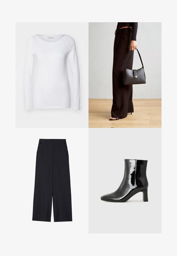 Hvit langermet topp med dyp utringning. Laget av myk, teksturert stoff. Har en avslappet passform og sømløse mansjetter.; Bredde benbukser i mørk marinefarge, med en jevn tekstur, frontfalter og dekorative gullfargede øyespenner på sidelommene.; Sorte patentlær ankle boot med spiss tå og en mellomhøy blokkhelt. Glatt tekstur og minimalistisk design.; Svart håndveske med strukturert form, jevn tekstur og metallisk lås. Kombinert med brede svarte bukser og sandaler med åpen tå på tregulv.