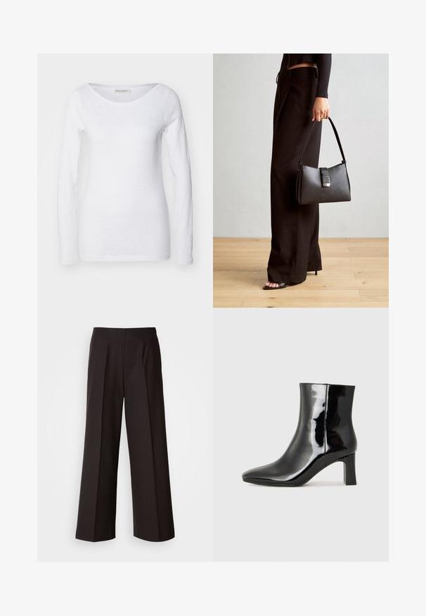 White long-sleeve top with a scoop neckline. Made of soft, textured fabric. Features a relaxed fit and seamless cuffs.; Black wide-leg trousers with a flat front, pleats, and a smooth fabric texture. Features a high waist and tailored cut for a structured fit.; Black patent leather ankle boot with a pointed toe and a mid-height block heel. Smooth texture and minimalist design.; Black handbag with structured shape, smooth texture, and a metallic clasp. Paired with wide black pants and open-toe sandals on wooden floor.