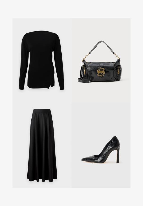 Fekete, hosszú ujjú felső sima anyagból. Kerek nyakkivágással, diszkrét oldalsó hasítékkal és díszítő gombokkal a szegésen.; Fekete, földig érő szoknya sima textúrával, széles derékrésszel és plisszézett dizájnnal, látható minták vagy díszítések nélkül.; Fekete hegyes orrú magassarkú cipő krokodilbőr textúrával, letisztult dizájnnal, magas tűsarkú és sima fekete belső résszel.; Fekete bőr kézi táska sima felülettel, arany, kígyó alakú díszítéssel és két cipzáras oldalzsebbel. Állítható vállpánt is a csomag része.