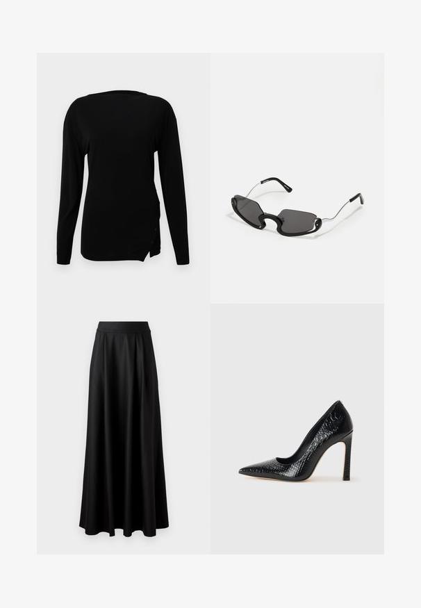 Must koos pikkade varrukatega särk, mis on tehtud siledast kangast. Omab ümarat kaelust, peent külgslitti ja dekoratiivnuppe allservas.; Mustmust pikk, must seelik, millel on sile tekstuur, lai vöökoht ja volditud disain, ilma nähtavate mustrite või kaunistusteta.; Mustan teravaotsaga kõrge kontsaga king, millel on krokodillimustriga tekstuur, stiilne disain, kõrge stilettokonts ja sile must sisesisustus.; Mustad mustad prillid ainulaadse kilbi kujuga, tumedate läätsede ja õhukeste hõbedaste metallist sangaelementidega. Raamidel on ümarad aktsendid ja julge disain.