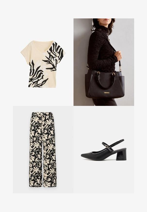 Top de manga corta con escote en V, tejido beige con un patrón abstracto en blanco y negro, corte relajado, textura suave, diseño casual, acentos en contraste audaces.; Pantalones de pierna ancha negros con un patrón floral crema. Fabricados en un tejido ligero, con una textura suave y una cintura alta.; Tacones slingback de charol negro con punta afilada, un diseño de corte redondeado y tacón bloque. Incluye un detalle de hebilla en tono dorado.; Bolso negro con superficie texturizada, doble asa superior y correa para hombro ajustable. Presenta herrajes en tono dorado y bolsillos laterales.