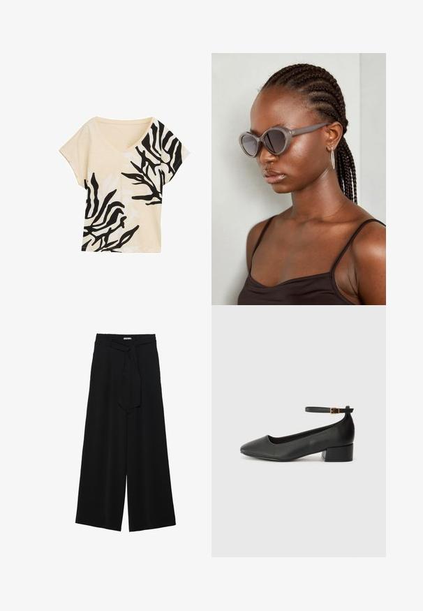 Top cu decolteu în V, cu mânecă scurtă, fabricat dintr-un material bej cu un model abstract în alb și negru, croi lejer, textură moale, design casual, accente îndrăznețe contrastante.; Pantaloni largi negri dintr-un material texturat, cu un tiv elastic și o panglică detașabilă la talie pentru un fit ajustabil.; Pantof cu toc negru din piele, cu vârf ascuțit și toc mic pătrat. Dispune de o curea la gleznă cu o cataramă în tonuri de aur. Textură netedă.; Ochelari de soare supradimensionați gri, cu formă rotundă și lentile închise la culoare. Rame din plastic elegante, cu un finisaj neted. Modelul are părul împletit.
