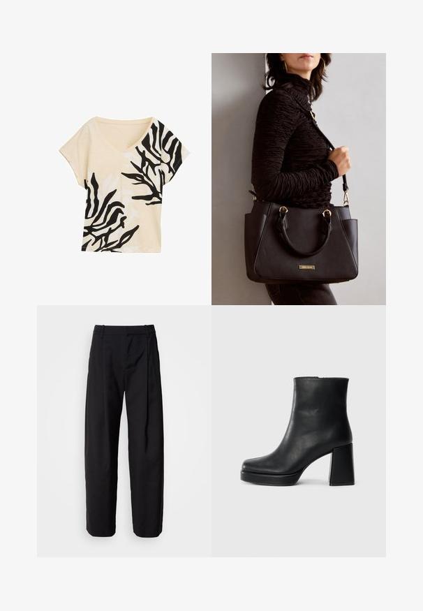 Top cu decolteu în V, cu mânecă scurtă, fabricat dintr-un material bej cu un model abstract în alb și negru, croi lejer, textură moale, design casual, accente îndrăznețe contrastante.; Pantaloni negri cu o croială lejeră, față pliată și bucle pentru cingătoare. Material neted și picioare drepte, având buzunare laterale.; Botină din piele neagră, cu toc pătrat și talpă platformă, văzută din lateral pe un fundal alb simplu.; Geantă de umăr neagră cu suprafață texturată, cu două mânere superioare și curea de umăr ajustabilă. Dispune de accesorii metalice de culoare aurie și buzunare laterale.