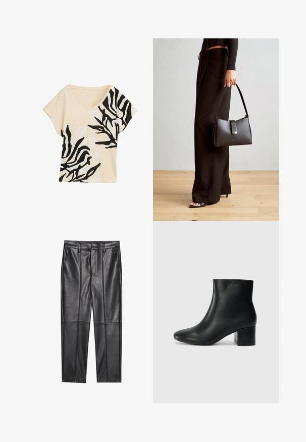Top cu decolteu în V, cu mânecă scurtă, fabricat dintr-un material bej cu un model abstract în alb și negru, croi lejer, textură moale, design casual, accente îndrăznețe contrastante.; Pantaloni din piele neagră cu o textură netedă, având o croială dreaptă, două buzunare frontale și detalii vizibile ale cusăturilor.; Cizme negre din piele până la gleznă, cu vârf ascuțit și toc robust. Textură netedă, cu accente minime și un design elegant, ajustat.; Genți negre cu o formă structurată, textură netedă și un închizător metalic. Asortată cu pantaloni negri largi și sandale cu vârf deschis pe un podea din lemn.
