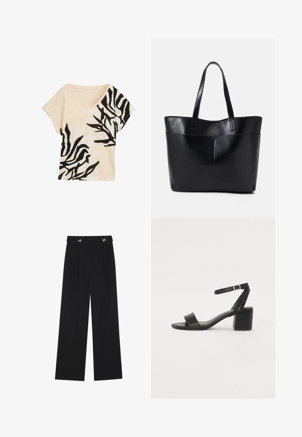 V-nyakú, rövid ujjú felső, bézs anyag, fekete és fehér absztrakt mintázattal, laza fazon, puha tapintás, lezser dizájn, merész kontrasztos részletekkel.; Fekete, bő szárú nadrág magas derékkal, gombos részletekkel a derékrészen és elülső pliszékkal.; Fekete magassarkú szandál sima bőr felső résszel, nyitott orral, széles elülső pántokkal és állítható bokapánttal, arany csat részlettel.; Fekete bőr bevásárlótáska két hosszú fogantyúval, sima felülettel és strukturált formával. Elülső zseb található rajta a plusz tárolás érdekében.