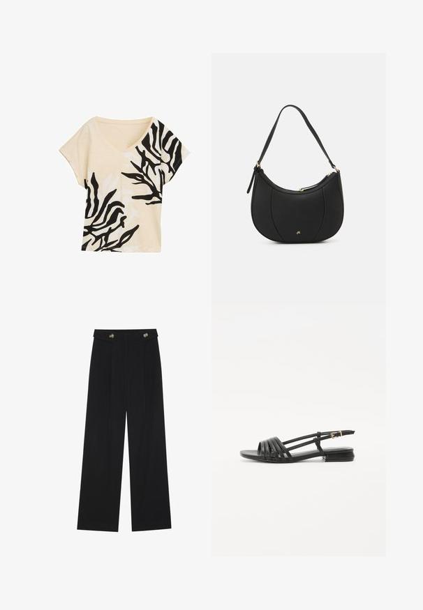 V-veida īsām piedurknēm topiņš, bēša auduma ar melnu un baltu abstraktu rakstu, brīvs piegriezums, maiga tekstūra, ikdienišķs dizains, izteikti kontrastējoši akcenti.; Melnas platās bikses ar augstu jostasvietu, pogu detaļām uz jostas un priekšējām krokām.; Melnas plakanas sandalēs ar jostu dizainu, kas ietver vairākas ādas jostas un šauru potītes sprādzi. Zole ir plakana un taisnstūrveida.; Melna ādas rokassoma ar izliekumu formu, teksturētu virsmu, priekšējām šuvēm un zelta krāsas logotipu. Aprīkota ar vienu regulējamu siksnu.