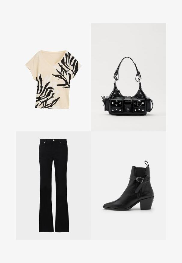 Beige Oberteil mit V-Ausschnitt und kurzen Ärmeln, schwarzes und weißes abstraktes Muster, lockere Passform, weiche Textur, lässiges Design, auffällige kontrastierende Akzente.; Schwarze, ausgestellte Jeans aus Denim, ausgestattet mit zwei Fronttaschen, einem Knopfverschluss und einer glatten Oberfläche. Signatur-Nähte an den Nähten sichtbar.; Schwarze Leder-Ankle-Boots mit spitzem Schuhzeh, Blockabsatz und seitlichem Schnallen-Detail. Verfügt über eine glatte Textur und eine Zuglasche auf der Rückseite.; Schwarze Lederhandtasche mit einem geschwungenen Design, verziert mit silbernen Nieten, einer Schnalle und zwei seitlichen Taschen. Verstellbarer Träger für verschiedene Tragemöglichkeiten.
