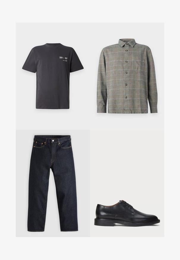 Tmavohnedé bavlnené tričko, krátke rukávy, okrúhly výstrih, s bielym textom: "20 - 07" a "MIAMI DAYS & NIGHTS" na prednej strane.; Košeľa s dlhým rukávom v béžovo-čiernej kárované vzoru, s golierom a prednou náprsné kapsou na jednolatom pozadí.; Tmavomodré džínsy s rovnými nohavicami, piatimi vreckami, kontrastným oranžovým prešívaním a gombíkovým zapínaním. Žiadne viditeľné vzory alebo ozdoby.; Čierne kožené spoločenské topánky s okrúhlym špičkou, šnurovacím dizajnom a nízkym zloženým podpätkom. Hladký povrch s minimálnymi švovými detailmi.