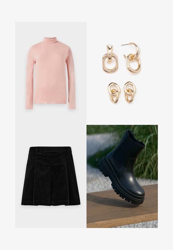Jasnoróżowa bluzka z długim rękawem i golfem, o dopasowanym kroju, gładkiej teksturze i wysokim dekolcie. Brak widocznych wzorów lub ozdób.; Czarna spódnica z korduroy o plisowanym fasonie, z prostym krojem, teksturową powierzchnią oraz pasem dla zapewnienia pewnego dopasowania.; Czarny skórzany botek za kostkę z masywną podeszwą, elastycznymi bocznymi panelami i gładkim wykończeniem. Podwyższony design z kontrastowymi detalami bieżnika.; Złote kolczyki z mieszanką geometrycznych kształtów: kwadrat, okrąg i połączone owalne wzory z polerowanym wykończeniem.