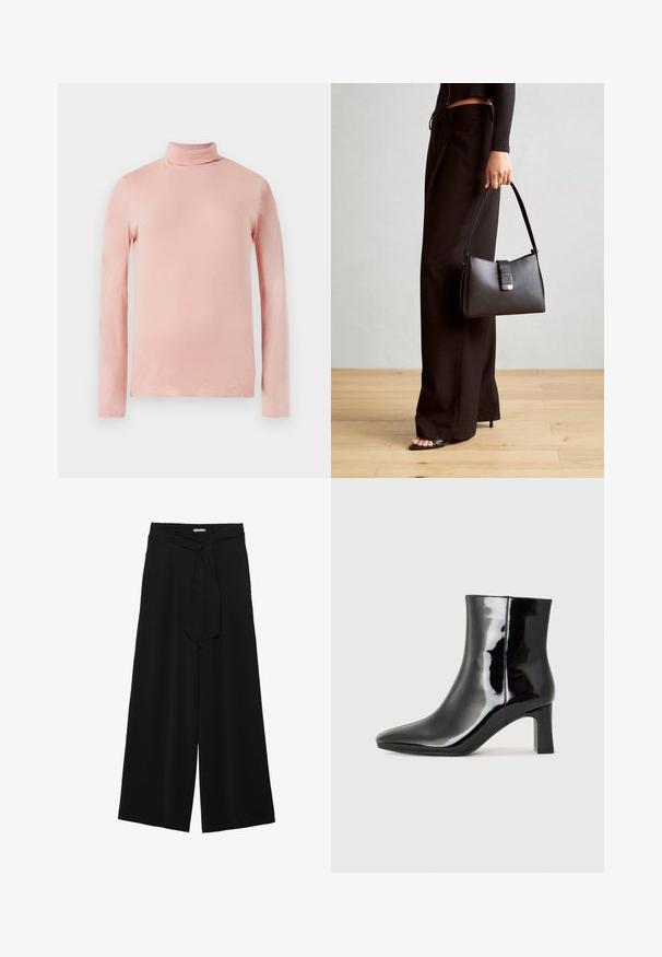 Light pink long-sleeve turtleneck top with a fitted design, smooth texture, and a high neck. No patterns or embellishments visible.; Black wide-leg pants featuring a textured fabric, an elastic waistband, and a detachable sash tie at the waist for adjustable fit.; Black patent leather ankle boot with a pointed toe and a mid-height block heel. Smooth texture and minimalist design.; Black handbag with structured shape, smooth texture, and a metallic clasp. Paired with wide black pants and open-toe sandals on wooden floor.