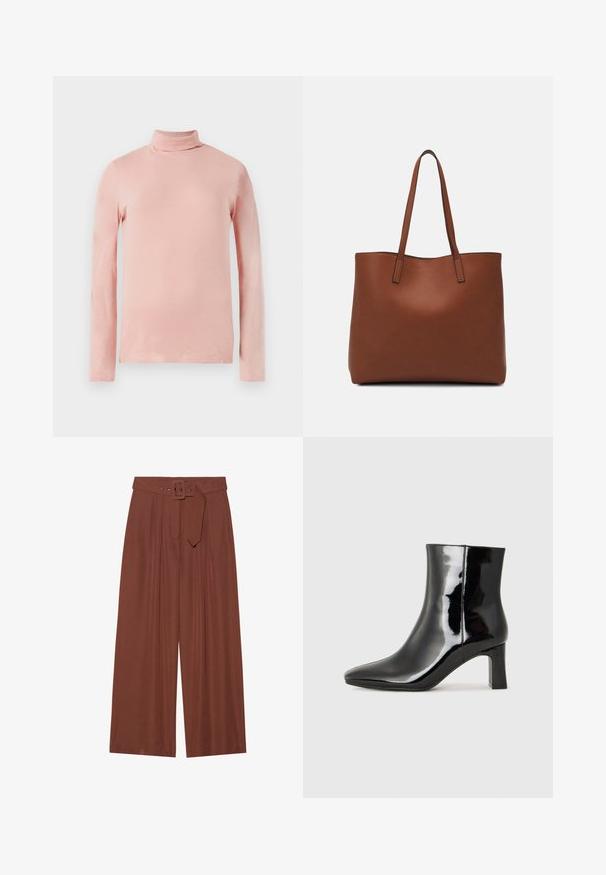 Helles rosa Langarm-Turtleneck-Oberteil mit figurbetontem Schnitt, glatter Textur und hohem Kragen. Keine sichtbaren Muster oder Verzierungen.; Braune Weitbeinehosen aus Stoff, mit einem Gürtel mit eckiger Schnalle, gefältetem Design und glatter Textur.; Schwarzer Lackleder-Stiefelette mit spitzer Zehe und einem mittelhohen Blockabsatz. Glatte Textur und minimalistisches Design.; Braune Leder-Tote mit glatter Textur, offenem Oberteil und zwei Schulterriemen. Verfügt über minimale Nähte und keine sichtbaren Beschläge.