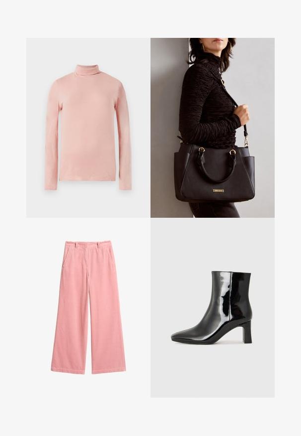 Light pink long-sleeve turtleneck top with a fitted design, smooth texture, and a high neck. No patterns or embellishments visible.; Pink corduroy wide-leg pants featuring a ribbed texture, side pockets, and a smoothed waistline, suitable for casual wear.; Black patent leather ankle boot with a pointed toe and a mid-height block heel. Smooth texture and minimalist design.; Black handbag with textured surface, dual top handles, and adjustable shoulder strap. Features gold-tone hardware and side pockets.