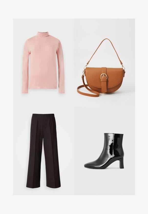 Light pink long-sleeve turtleneck top with a fitted design, smooth texture, and a high neck. No patterns or embellishments visible.; Black wide-leg trousers with a flat front, pleats, and a smooth fabric texture. Features a high waist and tailored cut for a structured fit.; Black patent leather ankle boot with a pointed toe and a mid-height block heel. Smooth texture and minimalist design.; Brown leather crossbody bag with a curved shape, gold hardware, and a buckle accent. Features a detachable shoulder strap.