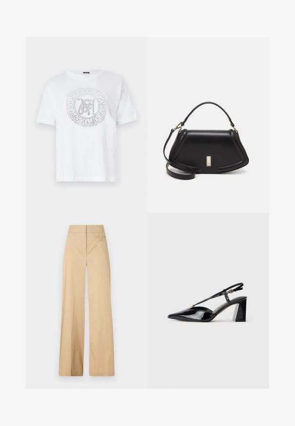 T-shirt bianco in cotone con scollatura rotonda e maniche corte. Presenta un logo circolare argentato al centro con dettagli intricati.; Pantaloni beige a gamba larga realizzati in tessuto misto cotone. Caratterizzati da una texture liscia, una vita elastica e un dettaglio con bottone laterale.; Scarpe con tacco alto in vernice nera, con punta appuntita, cinturino regolabile e tacco rettangolare chunky.; Borsa a mano in pelle nera con un design strutturato, caratterizzata da una forma corta, manico superiore e accessori in metallo dorato. Inclusa tracolla regolabile.