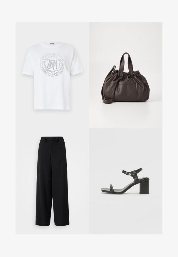 Hvit bomulls T-skjorte med rund hals og korte ermer. Har et sølvfarget, rundt logo-design i sentrum med intrikate detaljer.; Sorte brede bukser laget av glatt stoff, med flat frontdesign, plisserte detaljer og beltehemper i midjen.; Sorte lærblokkhæl sandal med en bred rem over tærne og en justerbar ankelrem, med et stilrent, minimalistisk design.; Samsøe Samsøe SAEMMI MIDI BAG - Håndveske - dark brown