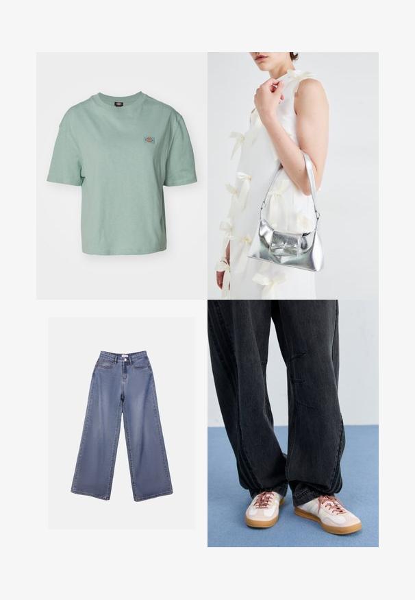 Dickies OAKPORT BOXY TEE - Pamata T-krekls - blue surf; Platas kājas denima bikses gaiši zils mazgājumā, ar augstu jostasvietu, priekšējām kabatām un pogu aizdari ar jostas cilpiņām.; Melnas platās denima bikses ar priekšējiem izšuvuma elementiem, apvienotas ar baltām un rozā sporta apaviem ar gumijas zoli un rozā šņorēm.; Sudraba metāla rokassoma ar struktūru formu, aprīkota ar augšējo rokturi un priekšpusē esošu loku. Gluda tekstūra, atstarojoša virsma.
