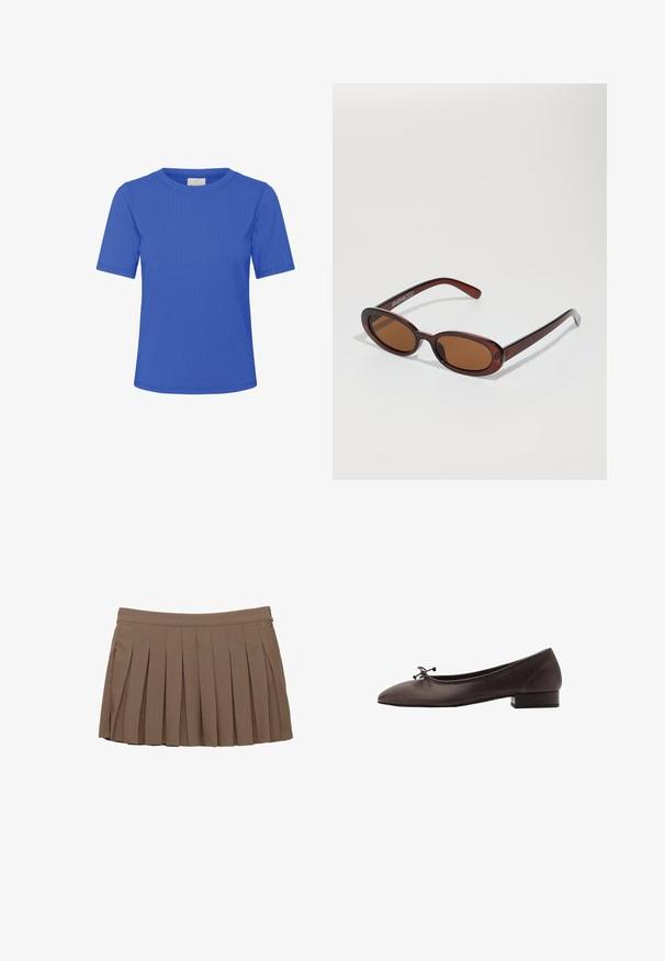 Kaffe SAMANTHA - Basic T-shirt - surf the web cc; Brown pleated mini skirt with a waistband and subtle side logo detail on a white background.; Brown leather ballet flat with a rounded toe and small block heel. Features a thin bow at the front and subtle stitching details.; Round, brown-tinted sunglasses with a glossy burgundy frame. Slim arms with subtle branding detail. Flat lens design.; Brown patent leather handbag with a rectangular shape, two long handles, and subtle curved accents on the front.