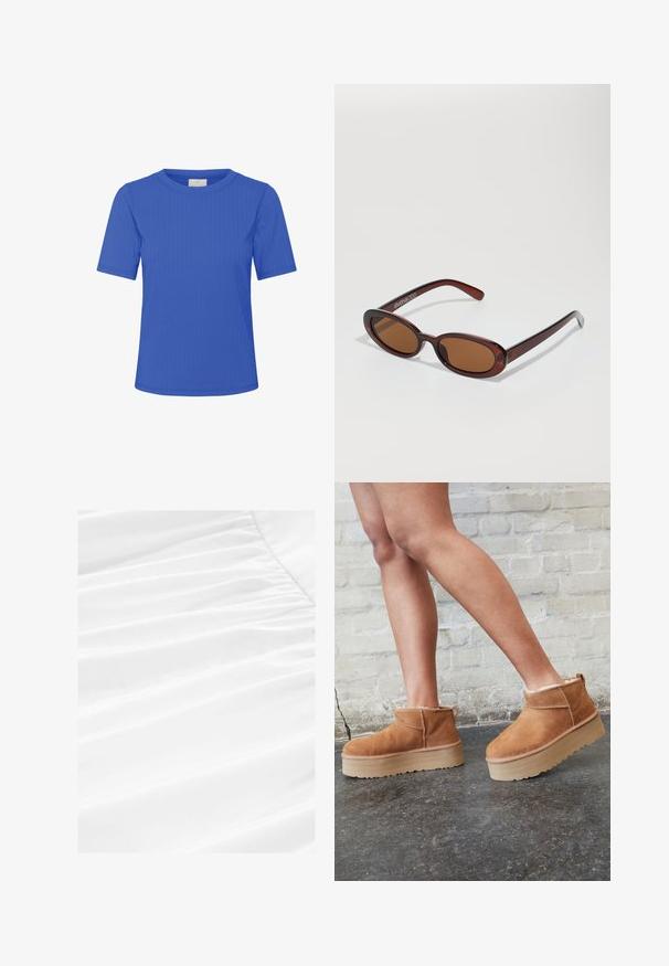 Kaffe SAMANTHA - Navadna majica - surf the web cc; Bela tkanina s mehkimi draperijami in nabranim teksturo, z gladkim, lahkim materialom v čistem, jasnem prikazu.; Rjavi semiš škornji do gležnjev s puhastim podlogo, debelim bež platformnim podplatom in zanko na zadnji strani. Teksturirana površina z vidnimi šivi.; Okrogle, rjavo obarvane sončne naočare z sijočim burgundskim okvirjem. Tanek nosilec s subtilnim logotipom. Oblika leč je ravna.; Roza torba iz teksturiranega materiala, z dvema dolgima ročajema in vtisnjenim logotipom na sprednji strani. Zadrga na vrhu.