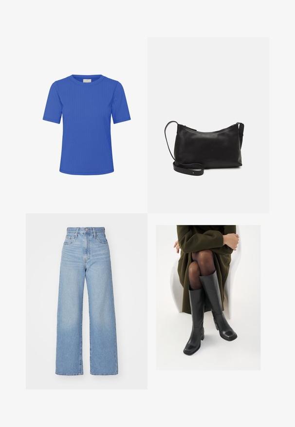 Kaffe SAMANTHA - T-shirt basique - surf the web cc; Jean large taille haute bleu clair avec bouton et fermeture éclair à l'avant, poches avant et arrière, sur fond blanc.; Bottes en cuir noires arrivant au genou, avec un bout carré et un talon carré, présentées sur un modèle assis dans un manteau vert olive. Texture lisse, détails minimaux.; Sac à épaule en cuir noir avec une texture lisse, une forme courbée, une bandoulière ajustable et une fermeture éclair. Design minimaliste sans embellissements.