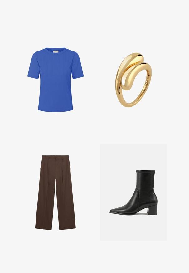 Kaffe SAMANTHA - Tricou basic - surf the web cc; Pantaloni largi maro, confecționați dintr-un material neted, cu talie înaltă, plisaje frontale și două buzunare laterale.; Botină neagră până la gleznă, fabricată din piele netedă, cu vârf ascuțit, toc tip bloc și cusături proeminente distincte la marginea superioară.; Inel de aur cu un design neted, curbat, care se învârte, având o finisare lustruită fără gravuri sau accente vizibile.