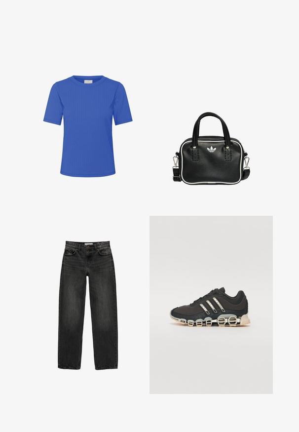 Kaffe SAMANTHA - T-shirt basic - surf the web cc; Jeans in denim nero con una vestibilità rilassata, gamba dritta, design a cinque tasche e una texture leggermente sbiadita. Chiusura con bottone e zip nella parte anteriore.; Scarpa da ginnastica nera con tomaia testurizzata, tre strisce argentate e una suola ammortizzata distintiva con più sezioni integrate.; Borsa a mano in pelle nera con due manici corti, hardware argentato, dettagli bianchi e un logo bianco. Presenta una superficie strutturata e un design compatto.