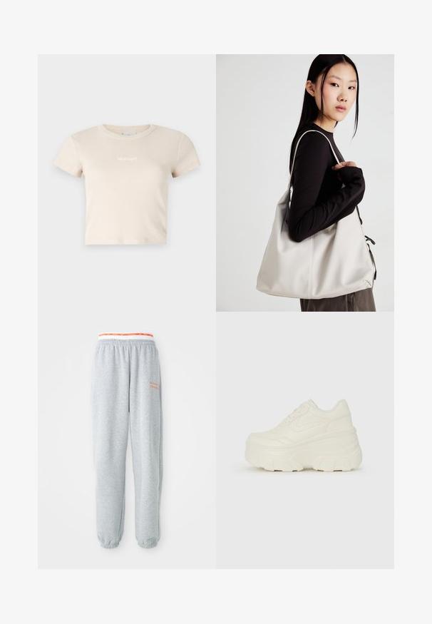 Beige cropped t-shirt made of ribbed fabric, featuring a round neckline and short sleeves. Includes a small contrasting logo on the front.; Gray sweatpants with elastic waistband featuring a red and white Nike logo. Cuffs at the ankles, soft fabric, and a relaxed fit.; White platform sneakers featuring a smooth leather-like upper, rounded shape, padded collar, and textured rubber sole with defined treads.; Beige handbag made of soft material, featuring a slouchy design, stitched detailing, and two shoulder straps. Suitable for everyday use.