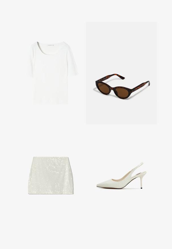 Bílý žebrovaný top s krátkým rukávem a zaobleným výstřihem, s hebkým povrchem, na límci s etiketou obsahující značku a velikost.; Bershka Áčková sukně - white; Lodičkové sandály na podpatku se špičatou špičkou vyrobené z lesklého bílého materiálu s krokodýlí texturou. Mají štíhlý podpatek a texturovaný povrch.; Hnědé želvovinové sluneční brýle ve vintage stylu kočičího oka s hnědými skly. Mají zakřivené nožičky s červenými akcenty.