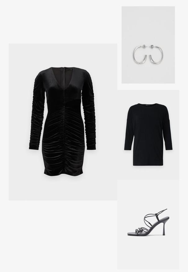 Črna dolgosleeve majica iz mehkega blaga, z okroglo mišico, spuščenimi rameni in sproščenim krojem, brez vzorca.; Črna žametna obleka z dolgimi napihnjenimi rokavi, globokim V-izrezom in nabrano podrobnostjo spredaj. Zadrga na hrbtni strani. Gladka tekstura.; Črne visoke sandale na peto imajo tanke naramnice z vozlom, gladek kvadratni toe in eleganten stiletto peto.; Svetlo siva kovinska torbica z verižnim ročajem, okrašena z majhnimi okroglimi kovinskimi bleščicami in trikotnim logotipom blagovne znamke.; Srebrne obročaste uhane z gladko, sijočo površino. Zaobljena oblika, lahka zasnova, z zapiranjem na zatič.