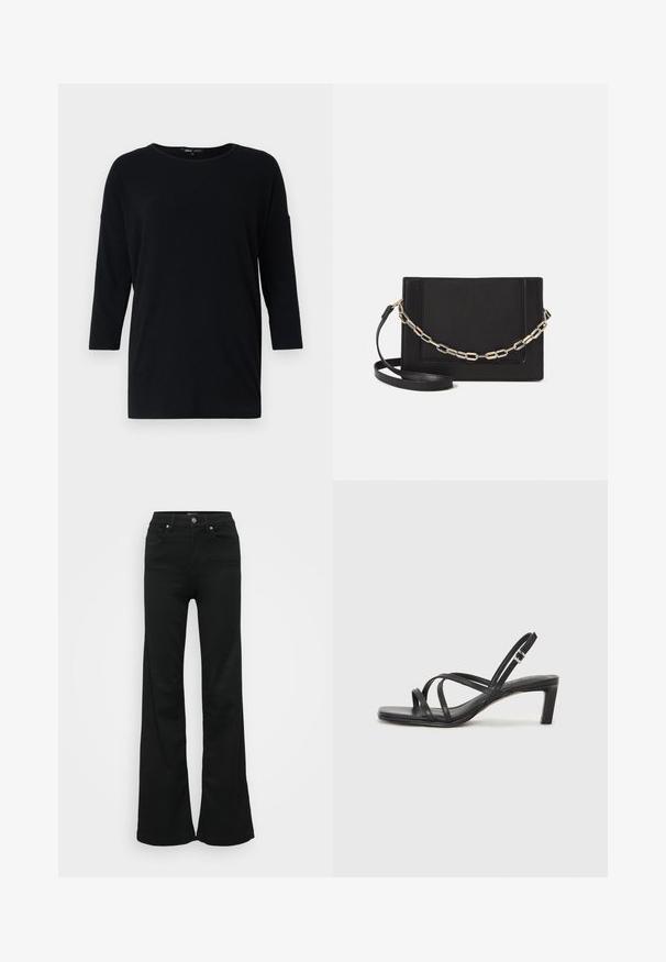Melna garo piedurkņu blūze, kas izgatavota no mīksta auduma, ar apaļu izgriezumu, nolaižamām plecu šuvēm un brīvu piegriezumu, ar vienkāršu dizainu.; Melnas flared džinsas, izgatavoti no denima, ar augstu jostasvietu, piecām kabatām un metāla pogu aizdari. Gluda tekstūra ar minimālu apdari.; Melnas strappy sandales ar kvadrātveida purngaliem un zemu bloku papēdi. Ievērojamas ar vairākiem plāniem siksniņām un regulējamu potītes siksniņu. Izgatavotas no gludas ādas.; Melna ādas crossbody soma ar gludu faktūru, taisnstūrveida formu un metalizētu ķēdes detaļu priekšā. Iekļauta regulējama siksna.