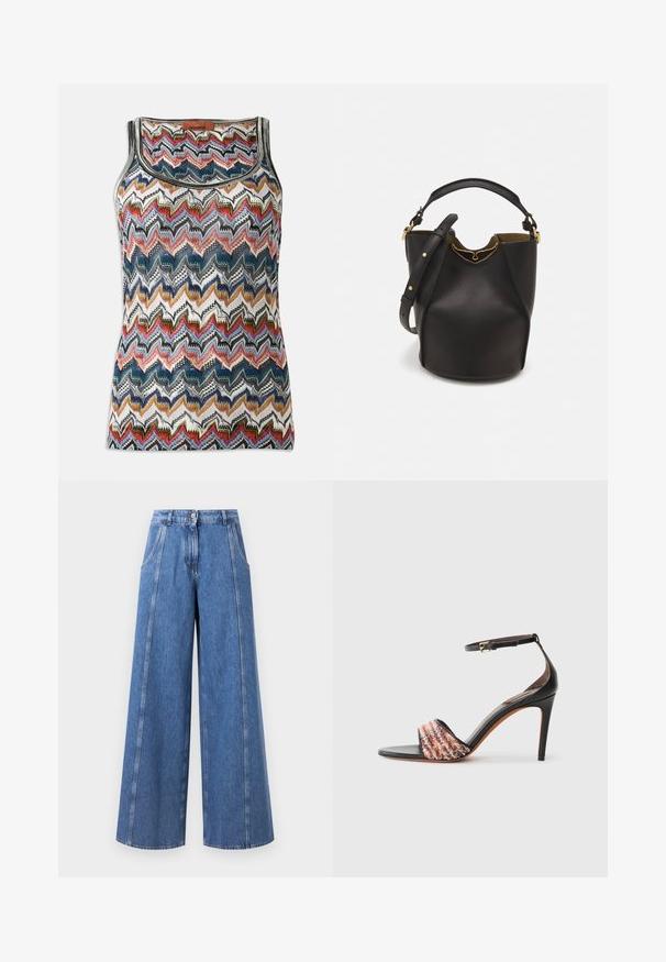 Ujjatlan kötött felső, multicolor cikkcakk mintával piros, kék, fekete, fehér és arany árnyalatokban, kerek nyakkivágással és Missoni címkével.; Széles szárú kék farmernadrág, magas derékkal, hangsúlyos varrással és zsebek nélküli, letisztult befejezéssel.; Fekete sarkú szandál bokapánttal. Az orrán egy textúrált, multiszínű szövetcsík található. Simára csiszolt bőr felső.; Fekete bőr vödör táska texturált felülettel, arany hardware részletekkel és nyitott tetejével. Rövid fogantyúval és állítható vállpánttal rendelkezik.
