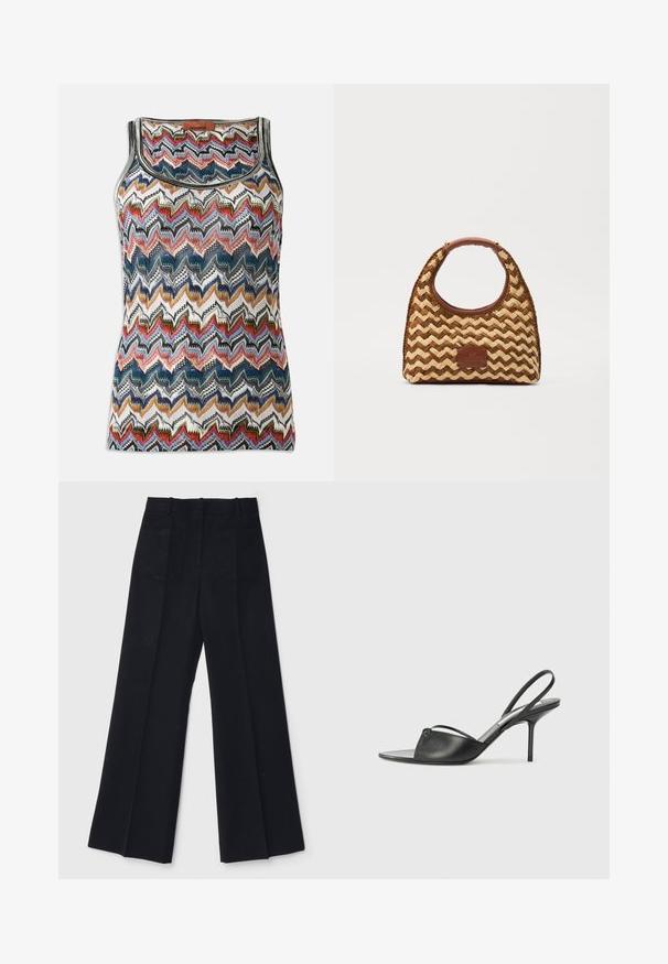 Top senza maniche in maglia con motivo zigzag multicolore nei toni del rosso, blu, nero, bianco e oro, caratterizzato da un collo a barca e etichetta Missoni.; Pantaloni neri a gamba larga realizzati in un tessuto liscio, con vita alta, due tasche posteriori e pieghe frontali sottili per una maggiore forma.; Tacchi slingback in pelle nera con punta affusolata, sottile cinturino alla caviglia e tacco a spillo. Presenta un dettaglio annodato sulla tomaia.; Borsa in paglia intrecciata con motivo a zigzag, manico e base in pelle marrone, e una patch rettangolare con logo sulla parte frontale.