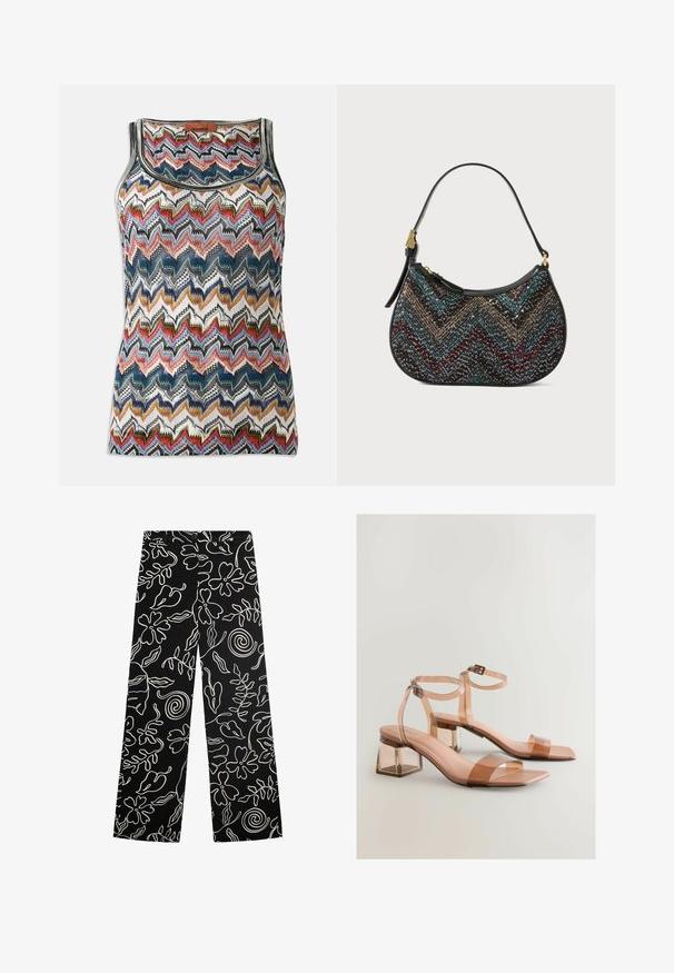 Kratka pletena majica bez rukava s višebojnim cik-cak uzorkom u crvenoj, plavoj, crnoj, bijeloj i zlatnoj boji, sa okruglim izrezom i Missoni etiketom.; Crne široke hlače s bijelim cvjetnim i spiralnim uzorkom, izrađene od glatkog materijala s čvrstim pojasom i kopčanjem na gumb.; Prozirne sandale s blok petom i nude trakama, kvadratnim vrhovima i prilagodljivim kopčama oko gležnja; glatka tekstura i sjajni finiš.; Crna torbica zakrivljenog oblika, s multikolornim chevron uzorkom i metalnom niti. Ima kožnu traku i zlatne metalne detalje.