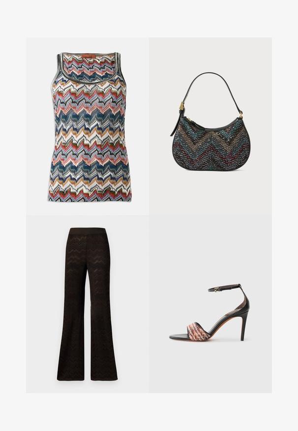 Varruka vaba kudumüts multivärvilise zigzag-mustriga punaste, siniste, mustade, valgete ja kuldsete toonidega, millel on ümar kaelus ja Missoni silt.; Laiad mustriga mustad püksid, millel on kaheksajalgne kootud muster ja elastne vöökoht, esitlemine lihtsa valge tausta ees.; Mustad mustakontsaga sandaal, millel on pahkluu rihm. Esitakse tekstureeritud, mitmevärvilise kangasnööriga varba kohal. Ümarda nahkviimistlus.; Mustas käekott on kõverate joontega, esindades mitmevärvilist chevron-mustrit ja metallthreadi. Koti küljes on nahkrihm ja kullatud detailid.