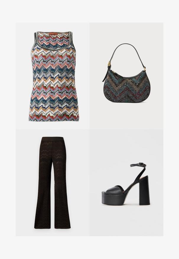 Kratka pletena majica bez rukava s višebojnim cik-cak uzorkom u crvenoj, plavoj, crnoj, bijeloj i zlatnoj boji, sa okruglim izrezom i Missoni etiketom.; Široke crne hlače sa zigzag pletenim uzorkom i elastičnom waistband, prikazane na jednostavnoj bijeloj pozadini.; Crne platforme sandale od glatke kože, s zatvorenim vrhom, remenom oko gležnja s kopčom i kvadratnom blok petom za stabilnost.; Crna torbica zakrivljenog oblika, s multikolornim chevron uzorkom i metalnom niti. Ima kožnu traku i zlatne metalne detalje.