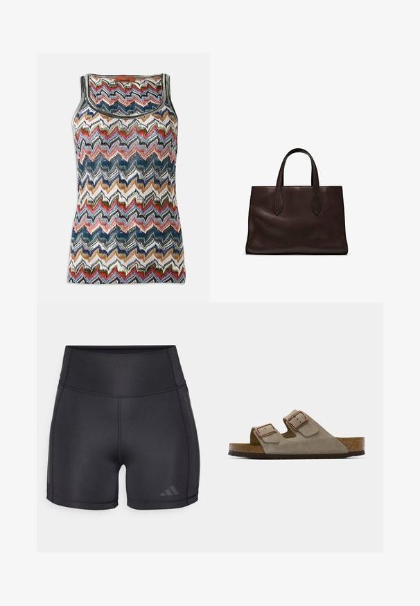 Bezrękawowy top dzianinowy z wielokolorowym wzorem w zygzak w odcieniach czerwieni, niebieskiego, czerni, bieli i złota, z dekoltem w serek oraz metką Missoni.; Czarne sportowe szorty z wysokim stanem, gładką fakturą, płaskimi szwami i subtelnym detalem logo na dolnej stronie.; Zamszowe klapki w jasnoszarym kolorze z dwoma regulowanymi klamrami, korkowym śródstopiem i teksturowaną gumową podeszwą.; Brązowa skórzana torba tote z dwoma wydłużonymi uchwytami, usztywnionym prostokątnym kształtem, gładką teksturą i subtelnymi detalami przeszycia.; Srebrne kolczyki w kształcie kół z rzędem przezroczystych kamieni i okrągłym kryształowym zawieszeniem. Polerowany metal, elegancki design.
