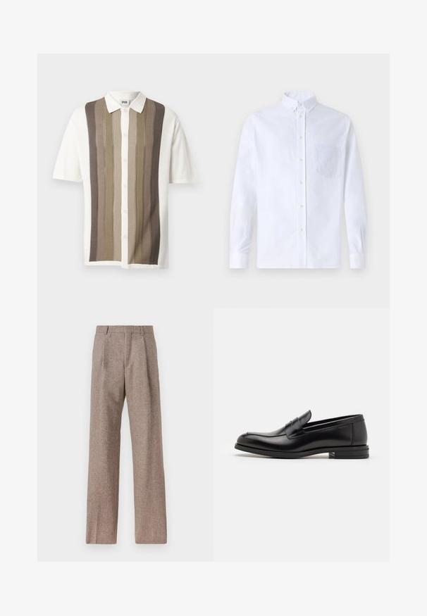 Camicetta a maniche corte con colletto e righe verticali nei toni beige, marrone e crema; chiusura con bottoni; tessuto lavorato a maglia con motivo testurizzato.; Camicia bianca a maniche lunghe con bottoni, realizzata in cotone, caratterizzata da una tasca sul petto con ricamo tonale, colletto e polsini con bottoni.; Pantaloni marroni a vita alta realizzati in tessuto testurizzato. Presentano gambe ampie e due pieghe frontali per struttura. Rifinitura curata senza hardware visibile.; Mocassini neri in pelle con una texture liscia, punta arrotondata e una striscia decorativa sulla tomaia. Tacco basso impilato, design minimalista.