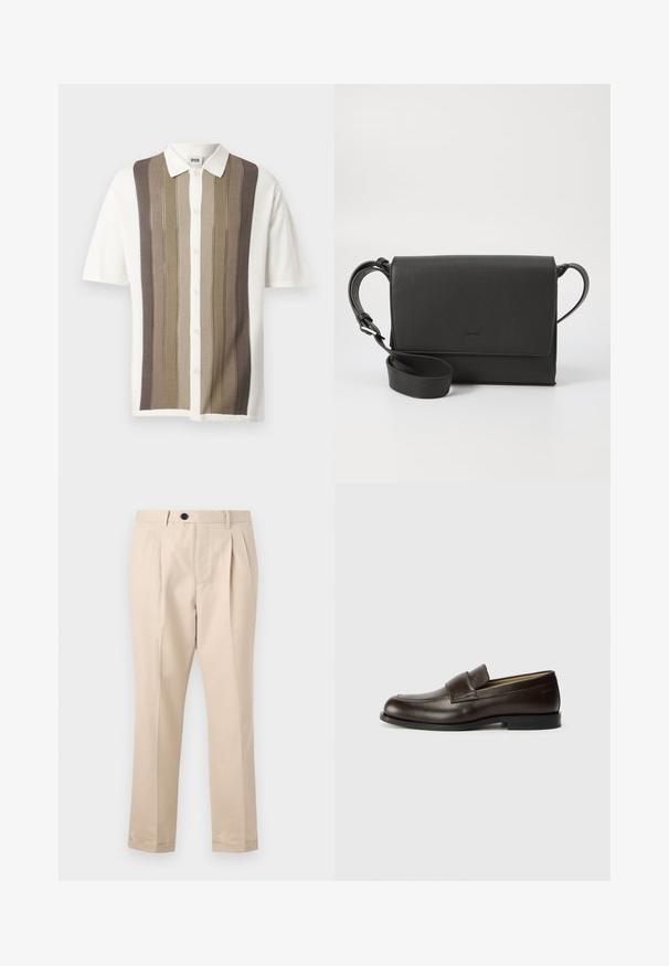 Camisa de manga corta con cuello y rayas verticales en beige, marrón y crema; cierre de botones; tejido de punto con patrón texturizado.; Pantalones plisados beige de tela suave, con cierre de cremallera y botón, piernas rectas y dobladillos doblados.; Calvin Klein Zapatos sin cordones - cocoa brown; Bolsa cruzada de cuero negra con un acabado texturizado, forma rectangular, cierre de solapa, correa ajustable y detalle sutil del logo.
