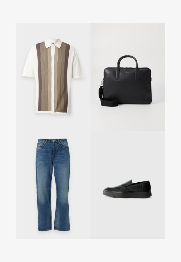 Cămașă cu mâneci scurte, cu guler, în dungi verticale de nuanțe bej, marron și crem; închidere cu butoane; material tricotat cu un model texturat.; Jeans din denim albastru cu croială dreaptă, având un design clasic cu cinci buzunare, textură uzată și accente din cupru.; Calvin Klein HYBRID CUP - Pantofi slip-on - triple black; Servietă din piele neagră cu un finisaj texturat, mânere duale, curea de umăr detașabilă și detaliu cu logo pe față. Închidere cu fermoar.