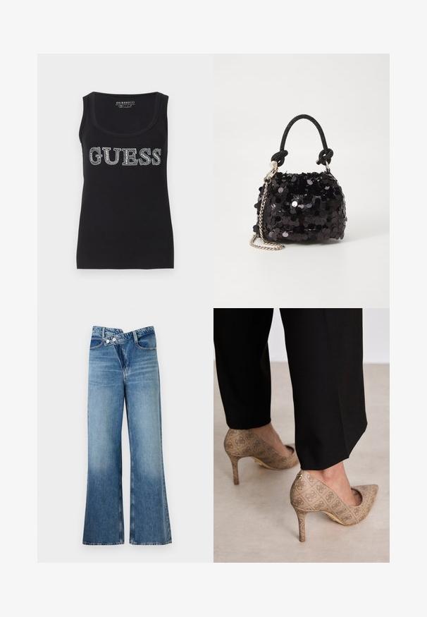 Svart tanktopp laget av ribbet stoff med sølvpyntet "GUESS"-logo på forsiden, scoop neck-design og tettsittende silhuett.; Lyseblå denim flared jeans med høy midje, med to knapper og frontlommer. Stoffet har en falmet tekstur med subtile variasjoner.; Beige høyhælte sko med teksturert stoff som har et gjentatt mønster. Spiss tådesign med bakdetalj og gullhelsjekk.; Svart paljettmini-veske med en knyttet teksturert stropp og sølvkjede. Rund form med samlet topp og reflekterende detaljer.