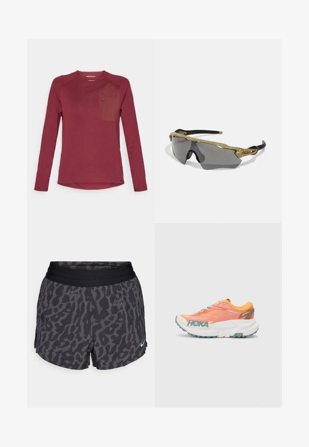 Dlhý rukáv, bordo košeľa z textúrovanej tkaniny. Obsahuje náprsné vrecko s malým zipsom a podrobne vypracovaným logom. Zaoblený lem.; Čierne a šedé šortky s leopardím vzorom, so širokým elastickým pásom, s jemným leskom a malým bielym logom Nike v pravom dolnom rohu.; Oranžovo-ružové bežecké topánky s hornou časťou z jemnej sieťoviny, bielou medzipodrážkou, Vibram podrážkou a svetlomodrými akcentmi. Na boku sa nachádza značka HOKA.; Športové slnečné okuliare so zeleným vzorovaným rámom, čiernymi stranami a šedými šošovkami. Dizajn obsahuje okrúhly štýl s odvážnym, športovým tvarom.