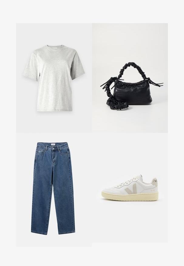 Pelēks īsām piedurknēm T-krekls, kas izgatavots no mīkstas, vieglas auduma. Tam ir apaļa kakla izgriezuma forma un neliela zīmola atzīme krūtīs. Ikdienas piegriezums.; Klasiskie zili džinsi ar taisnu kāju dizainu, pieciem kabatām un pogu aizdari. Iezīmējas ar vidēju mazgāšanu un izturīgu tekstūru.; Baltas ādas sporta apavu pāris ar bēšiem zamša akcentiem, caurumiņu purngalā, plakanu šņorēšanu un teksturētu krēmkrāsas zoli. Iezīmējas ar diskrētu zīmolu uz papēža.; Melnā mākslīgās ādas rokassoma ar krokodila rakstu, savilkta augšdaļa un saburzīta siksna. Izskatās mīksta un kompakta pēc dizaina.